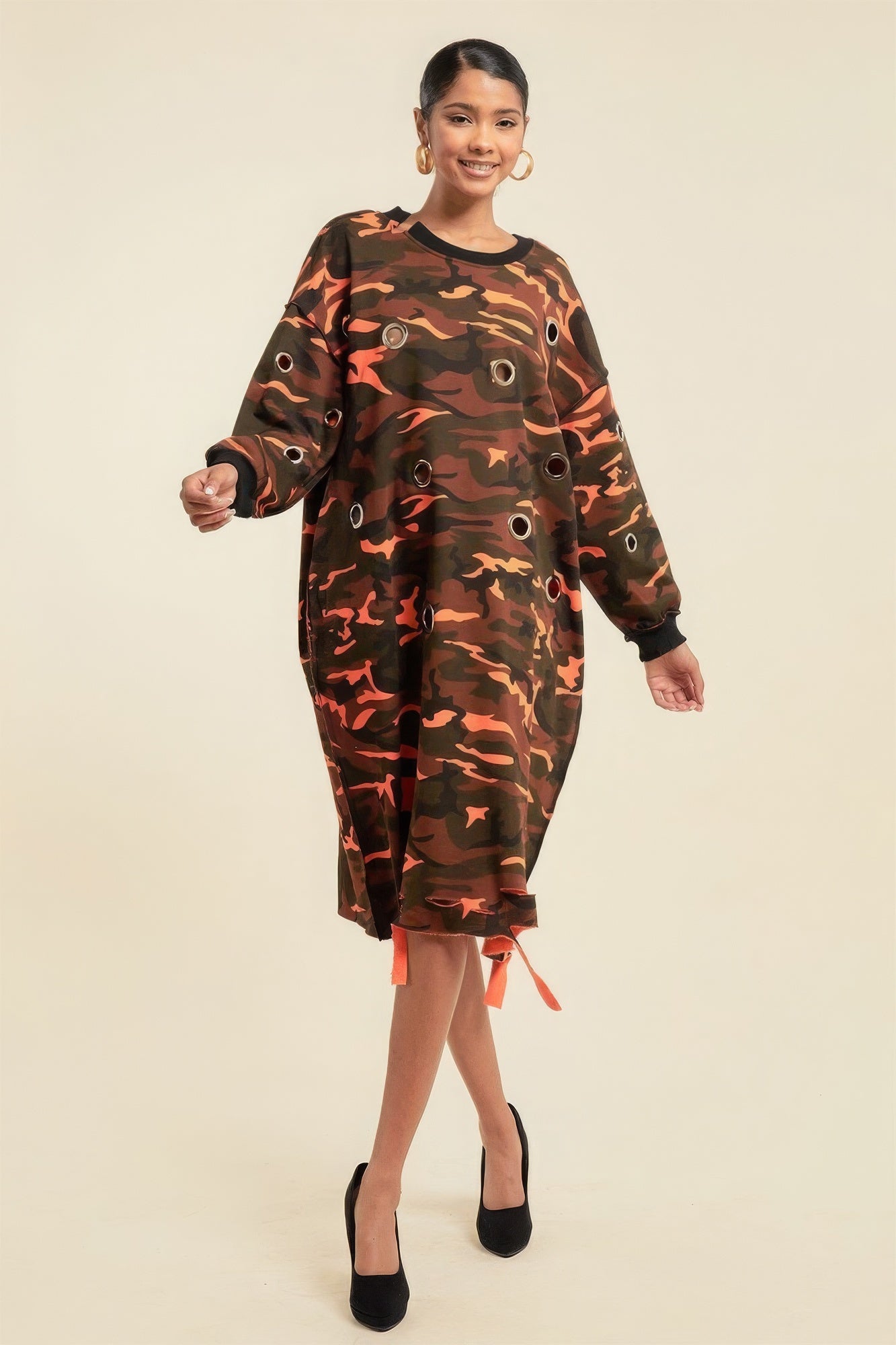 Camouflage Printed Midi Dress With Rings