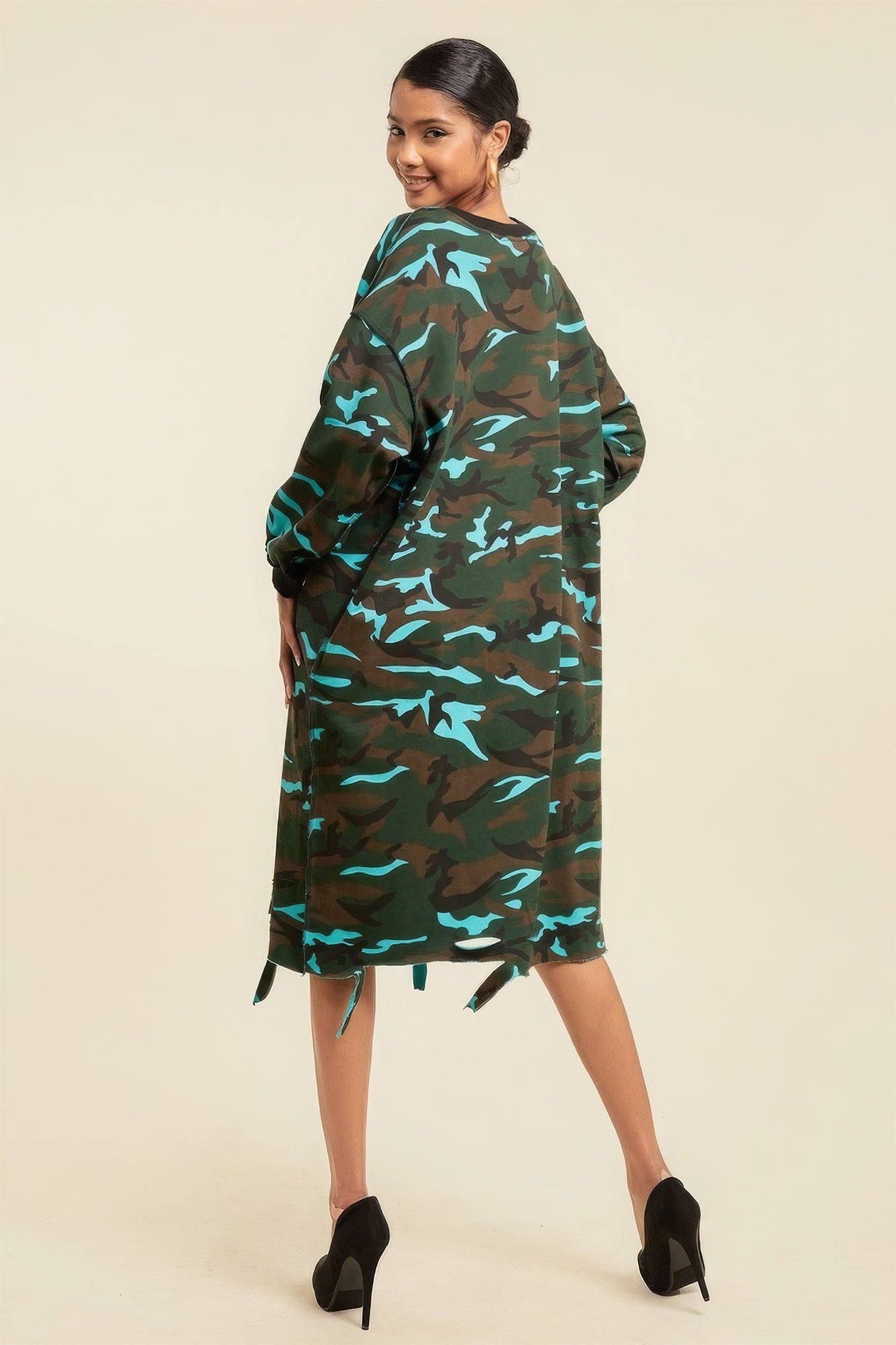 Camouflage Printed Midi Dress With Rings