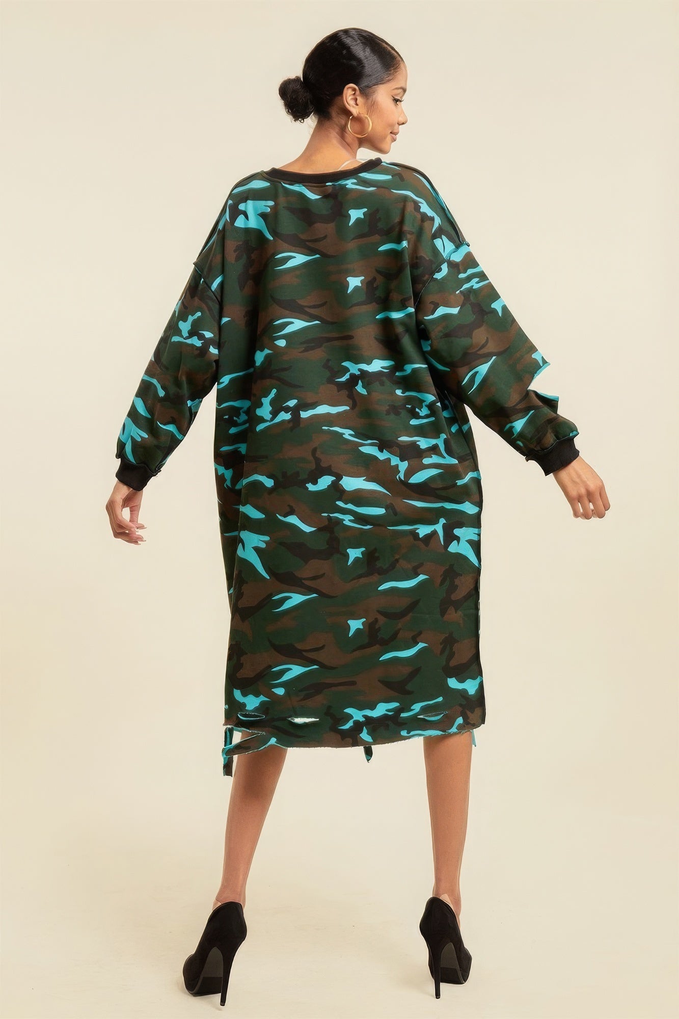 Camouflage Printed Midi Dress With Rings