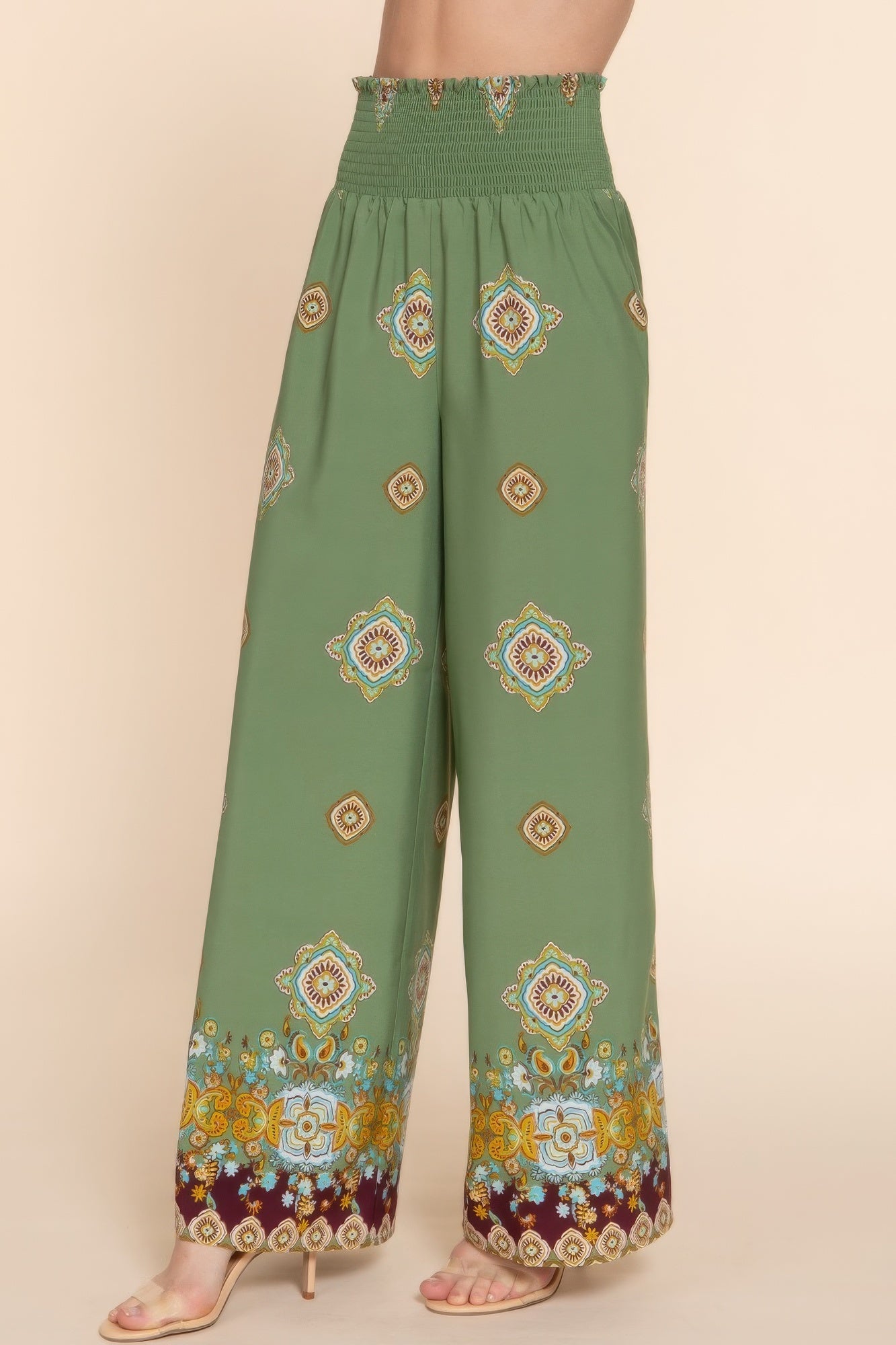 Wide Leg Border Print Woven Pants